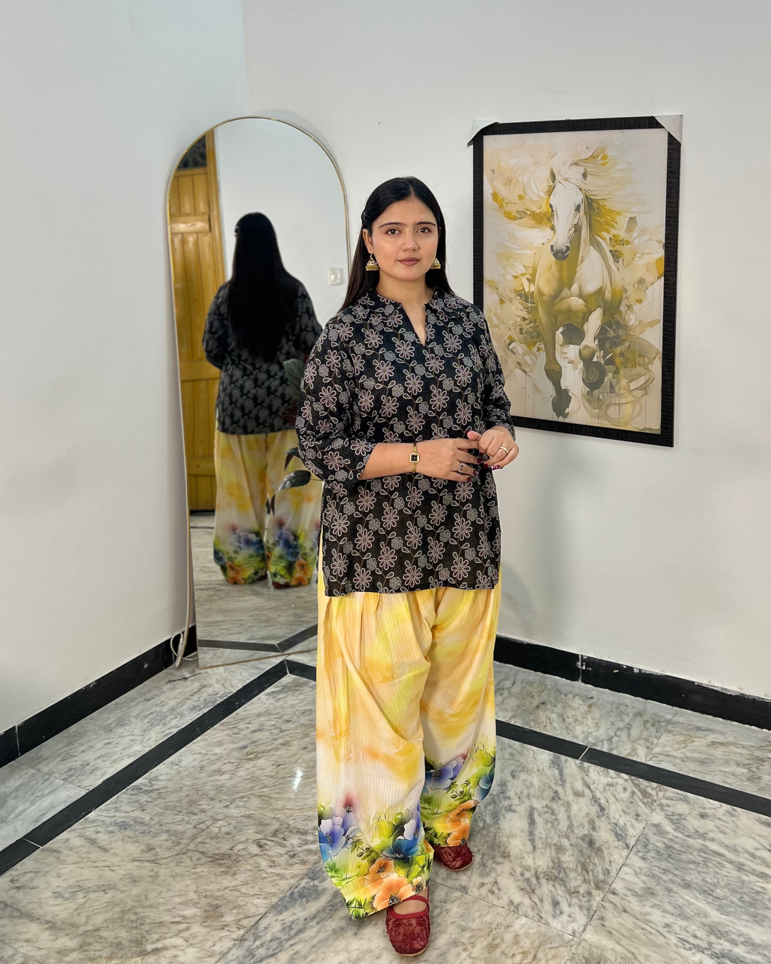 Black Floral Kurta with farshi shalwar