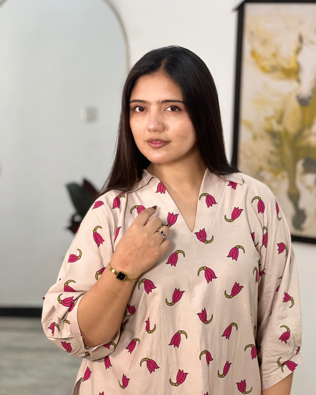 Pink Floral Kurta with farshi shalwar