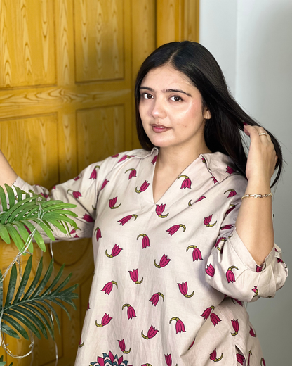 Pink Floral Kurta with farshi shalwar
