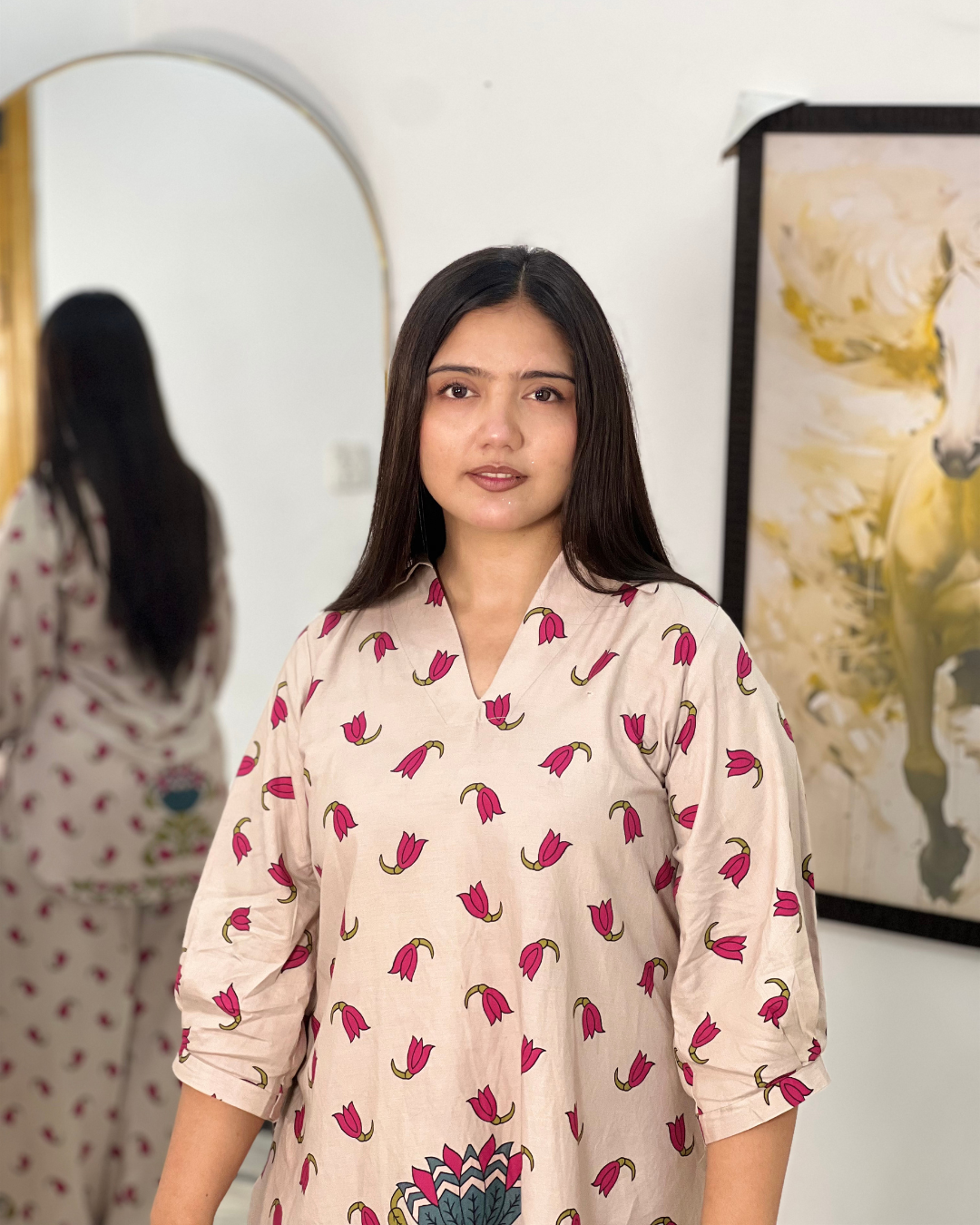 Pink Floral Kurta with farshi shalwar