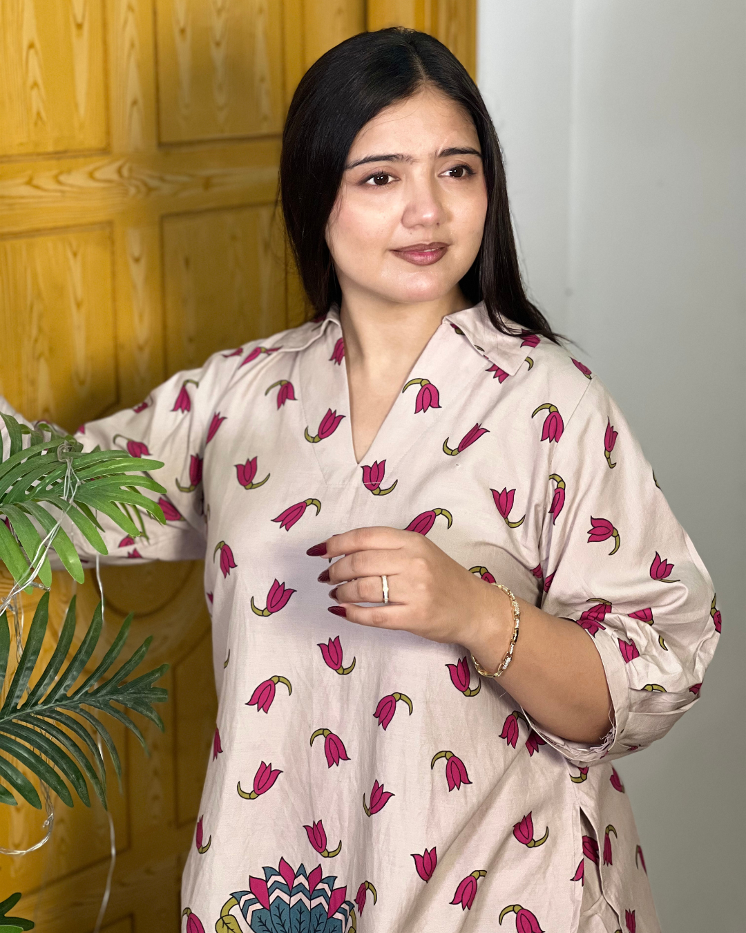 Pink Floral Kurta with farshi shalwar