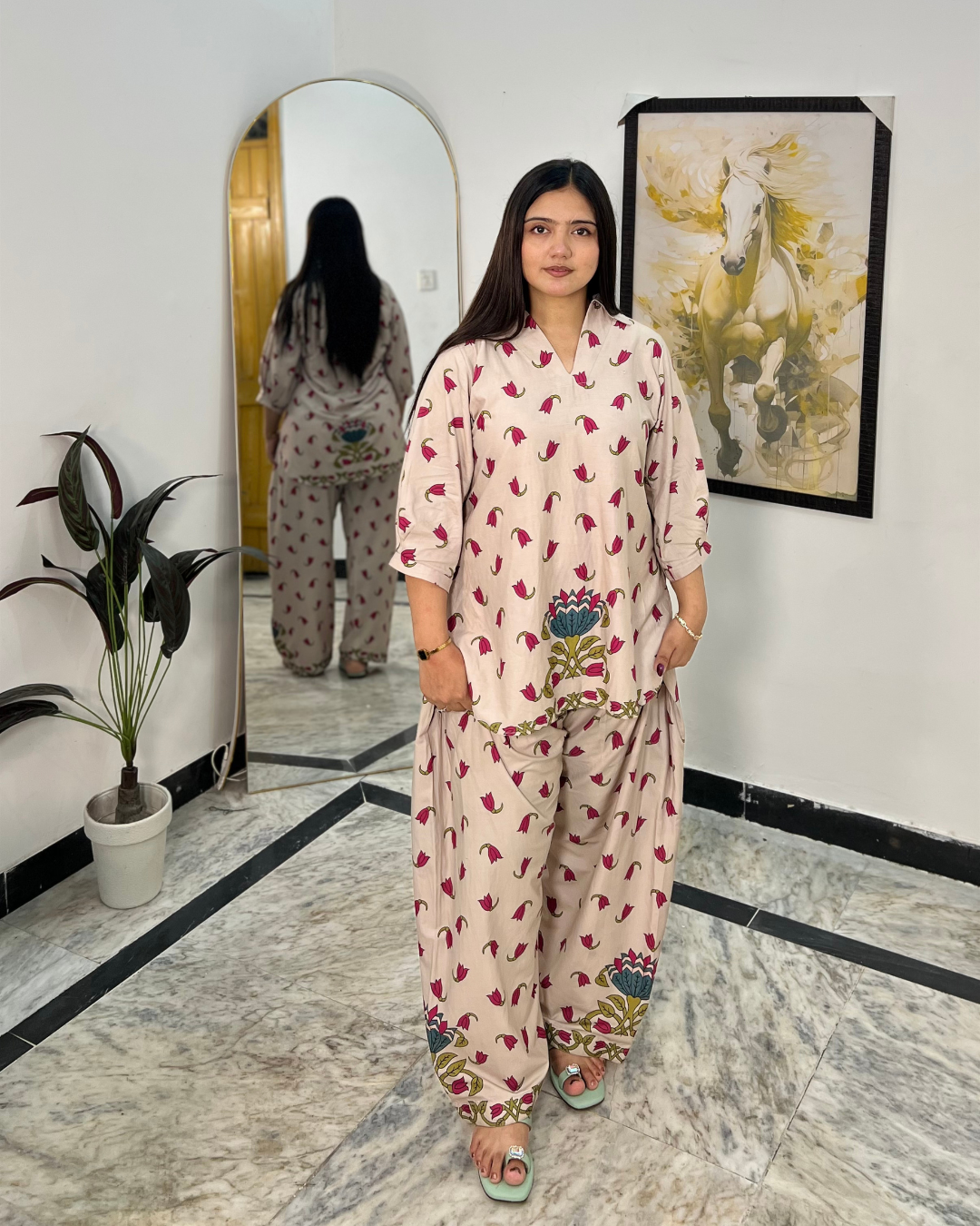 Pink Floral Kurta with farshi shalwar